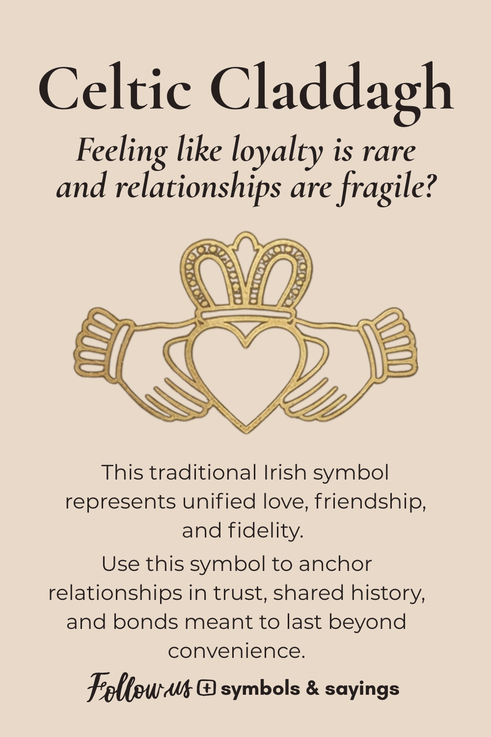 Celtic Claddagh symbol with text on a beige background