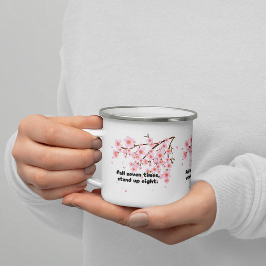 "Fall Seven Times Stand Up Eight" Mug – Japanese Proverb with Cherry Blossom Design