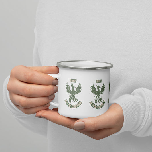 Phoenix Rising Enamel Mug – "Glory Is in the Comeback" Inspirational Coffee Cup for Strength & Renewal