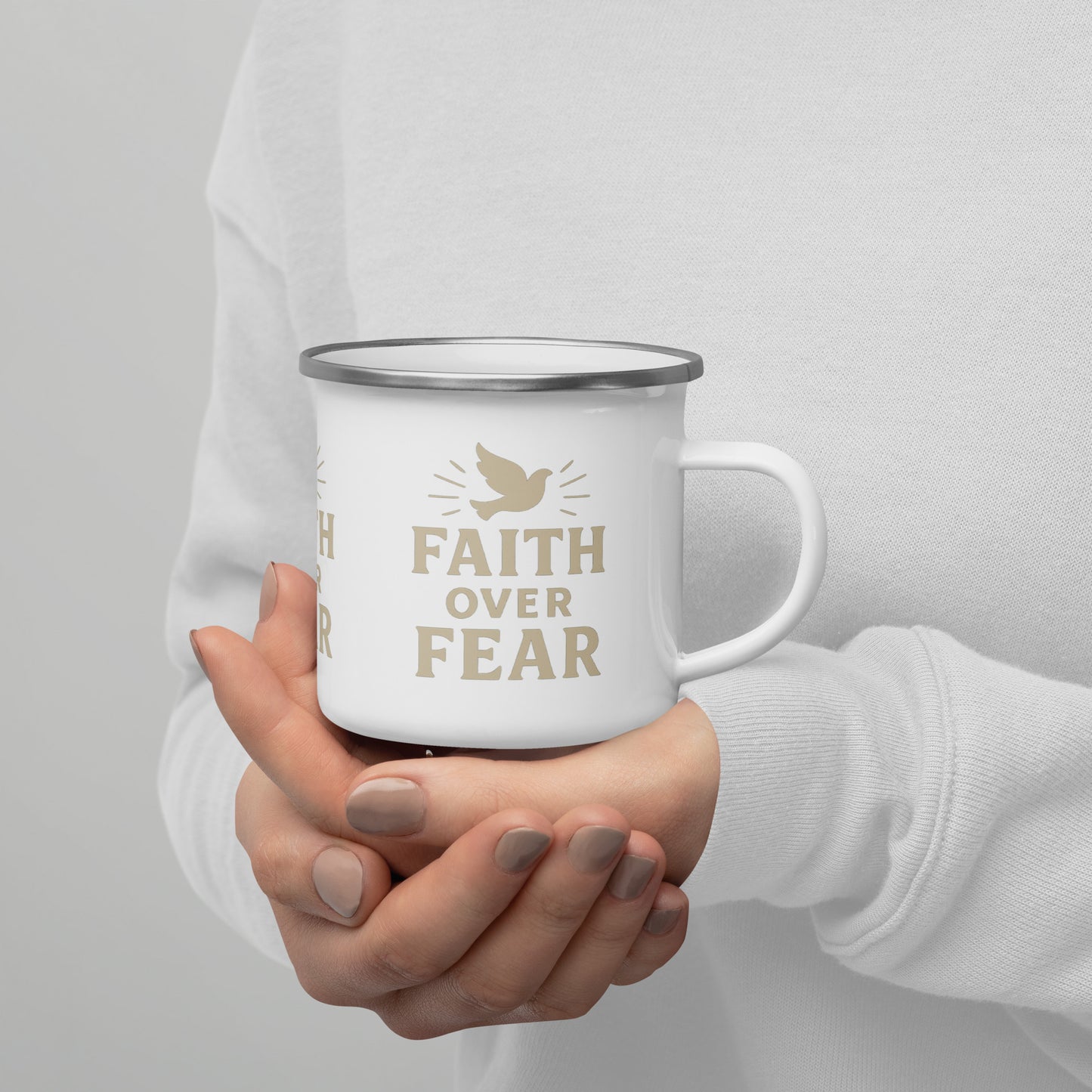 Faith Over Fear Dove Enamel Mug – Christian Illuminated Dove Coffee Cup for Strength & Peace