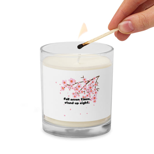 "Fall Seven Times Stand Up Eight" Unscented Candle – Japanese Proverb with Cherry Blossom Design