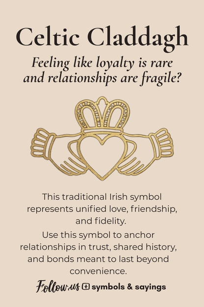 Celtic Claddagh symbol with text on a beige background