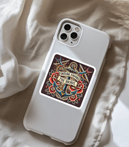 Fortune Favors the Brave Sticker – Tattoo-Inspired Anchor, Birds & Floral Design | Motivational Waterproof Vinyl Decal