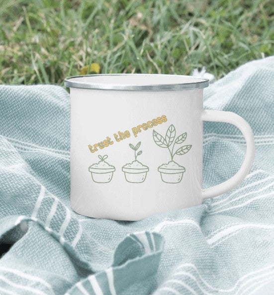 Trust the Process Enamel Mug – Inspirational Seedling Growth Camping Mug for Mindful Mornings & Personal Growth