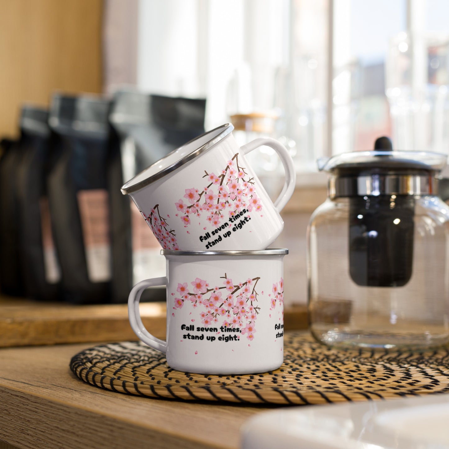 "Fall Seven Times Stand Up Eight" Mug – Japanese Proverb with Cherry Blossom Design