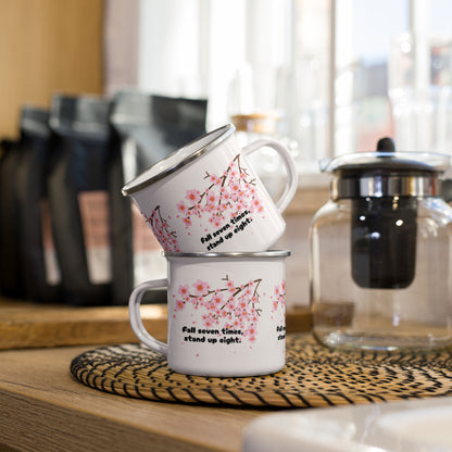 "Fall Seven Times Stand Up Eight" Mug – Japanese Proverb with Cherry Blossom Design