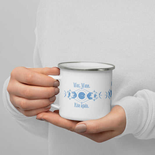 "Wax. Wane. Rise Again." Enamel Mug – Lunar Phases Design for Resilience & Renewal
