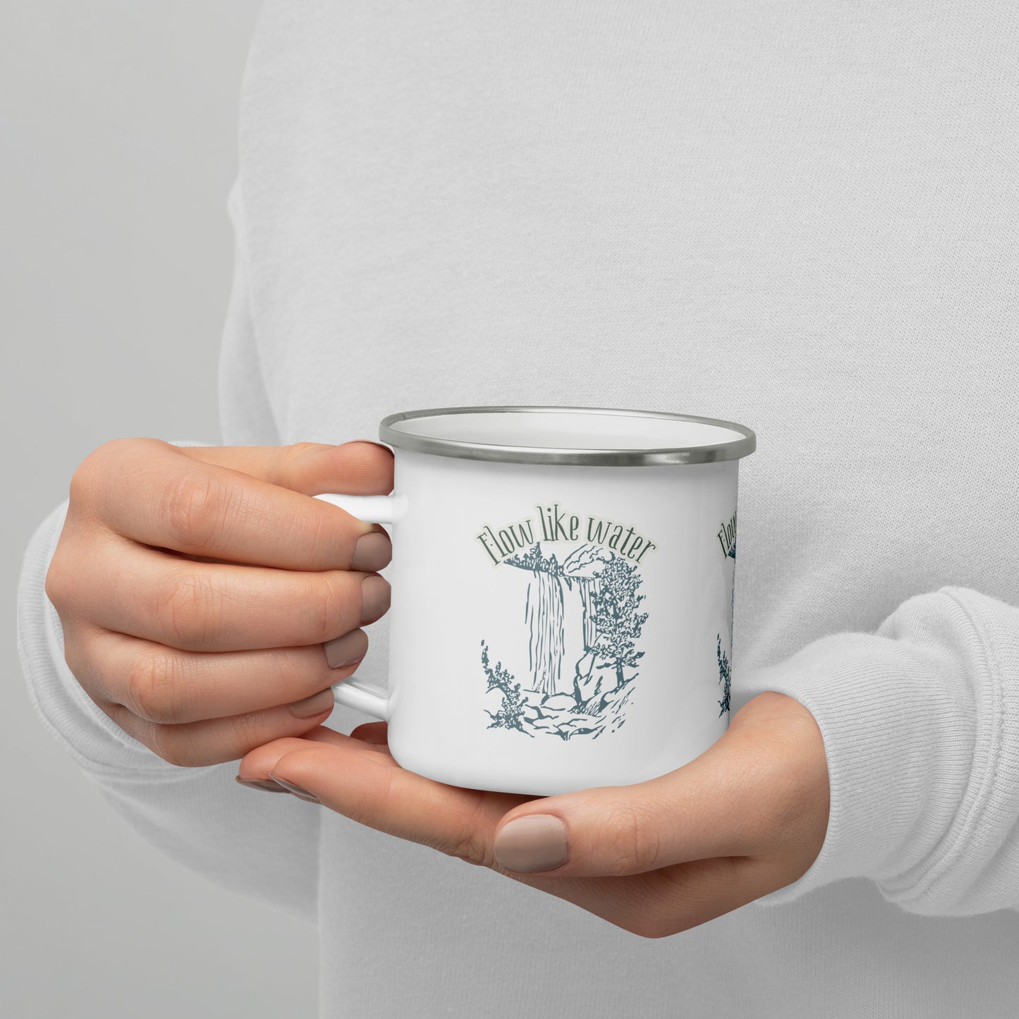 Flow Like Water Enamel Mug – Inspirational Waterfall Quote for Calm, Strength, and Mindful Living