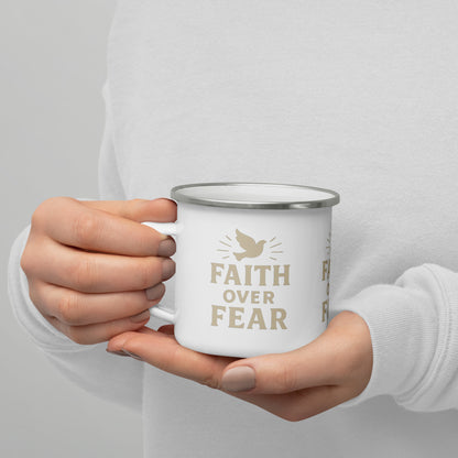 Faith Over Fear Dove Enamel Mug – Christian Illuminated Dove Coffee Cup for Strength & Peace