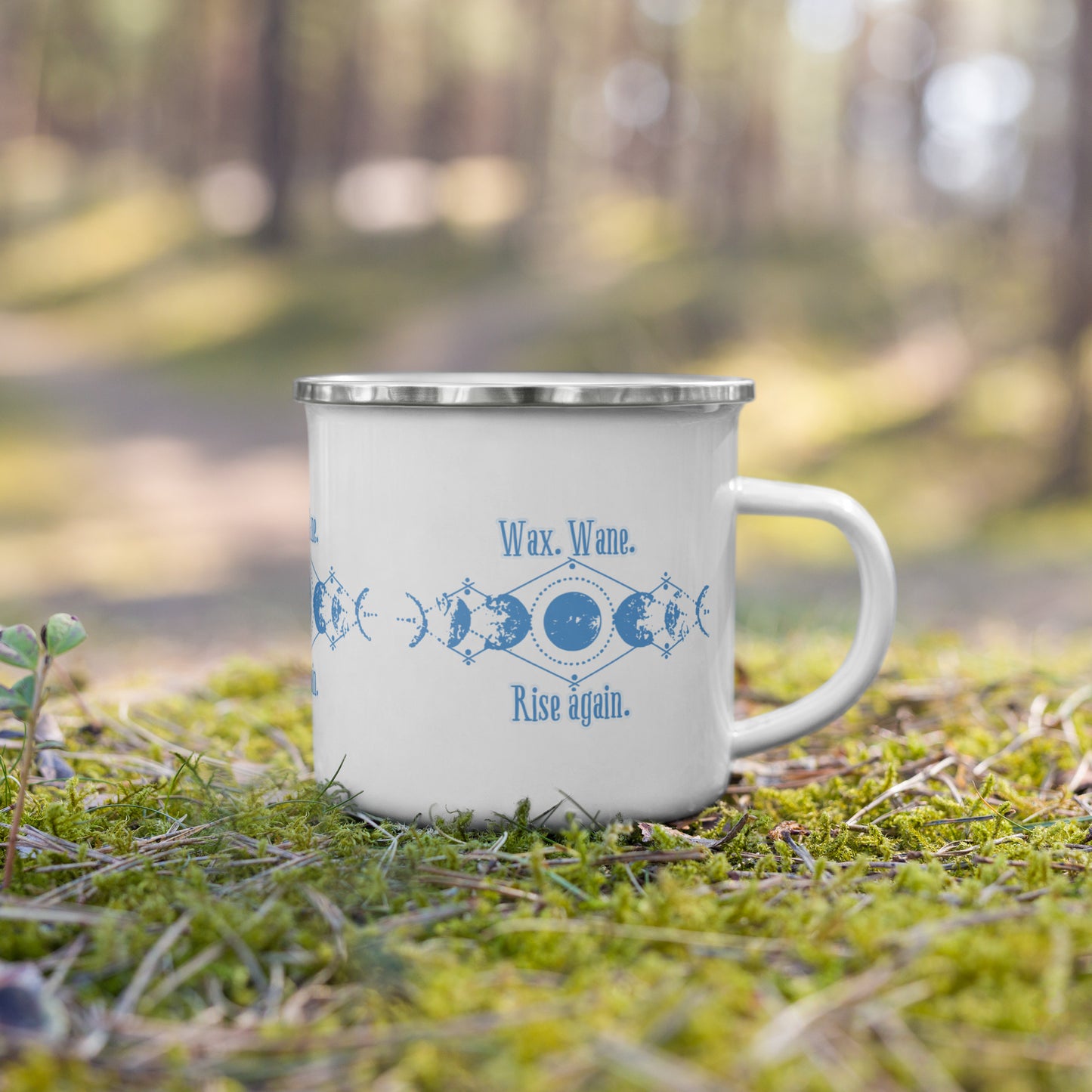 "Wax. Wane. Rise Again." Enamel Mug – Lunar Phases Design for Resilience & Renewal