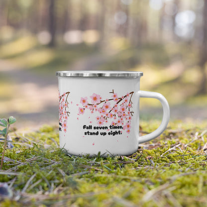 "Fall Seven Times Stand Up Eight" Mug – Japanese Proverb with Cherry Blossom Design
