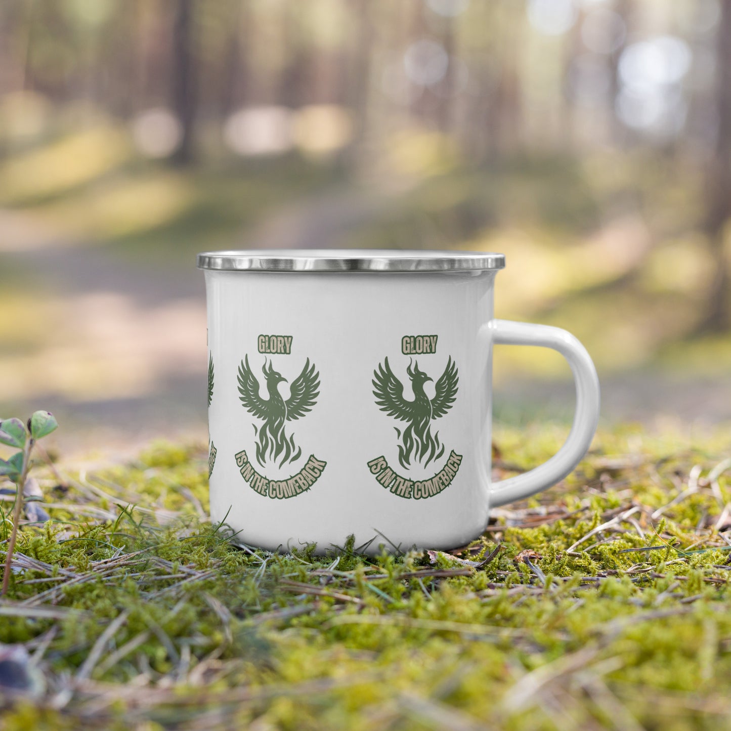 Phoenix Rising Enamel Mug – "Glory Is in the Comeback" Inspirational Coffee Cup for Strength & Renewal