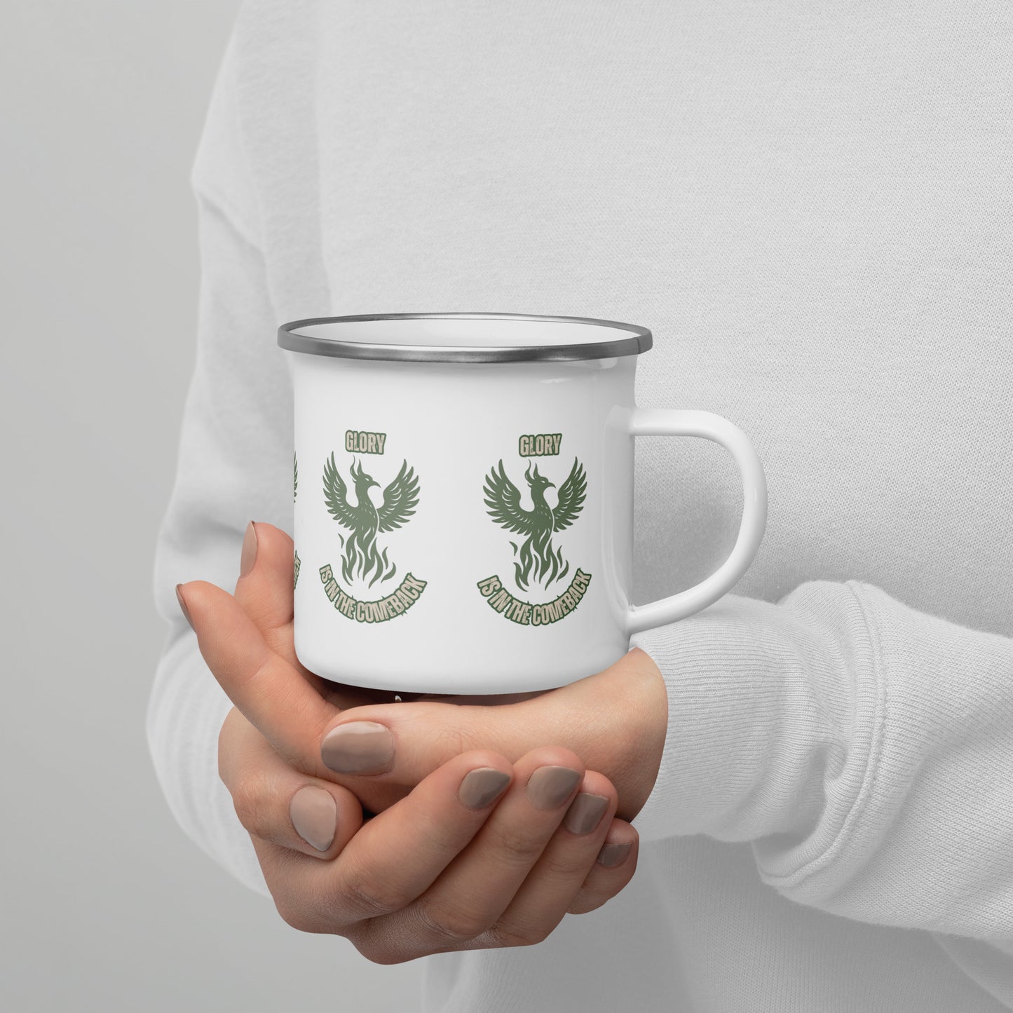 Phoenix Rising Enamel Mug – "Glory Is in the Comeback" Inspirational Coffee Cup for Strength & Renewal