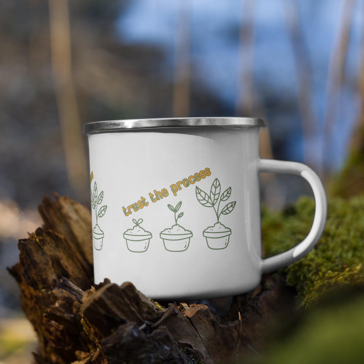 Trust the Process Enamel Mug – Inspirational Seedling Growth Camping Mug for Mindful Mornings & Personal Growth
