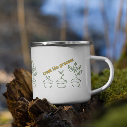 Trust the Process Enamel Mug – Inspirational Seedling Growth Camping Mug for Mindful Mornings & Personal Growth