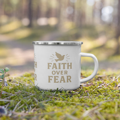 Faith Over Fear Dove Enamel Mug – Christian Illuminated Dove Coffee Cup for Strength & Peace