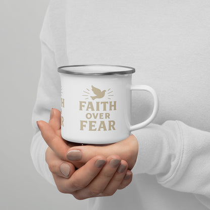 Faith Over Fear Dove Enamel Mug – Christian Illuminated Dove Coffee Cup for Strength & Peace