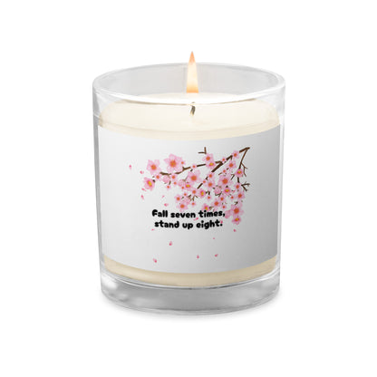 "Fall Seven Times Stand Up Eight" Unscented Candle – Japanese Proverb with Cherry Blossom Design