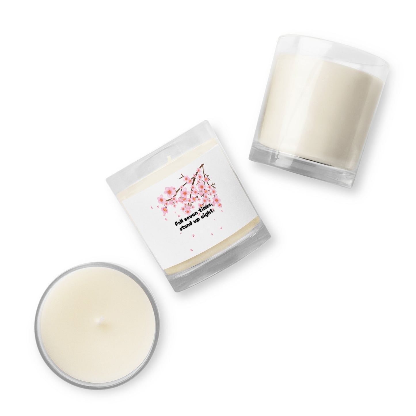 "Fall Seven Times Stand Up Eight" Unscented Candle – Japanese Proverb with Cherry Blossom Design
